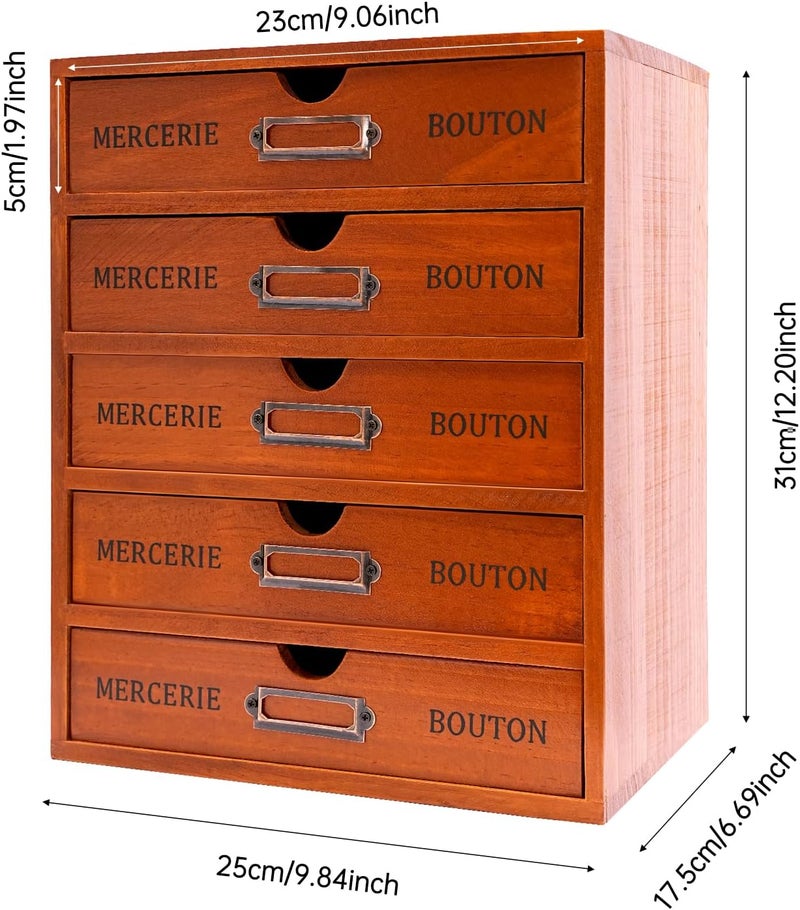 Vintage 5-Drawer Wooden Desk Organizer - Apothecary Cabinet with Label Slots, Rustic Countertop Storage Drawers for Office, Craft, Art Supplies, Stackable Library Card Catalog Cabinet - Image 2