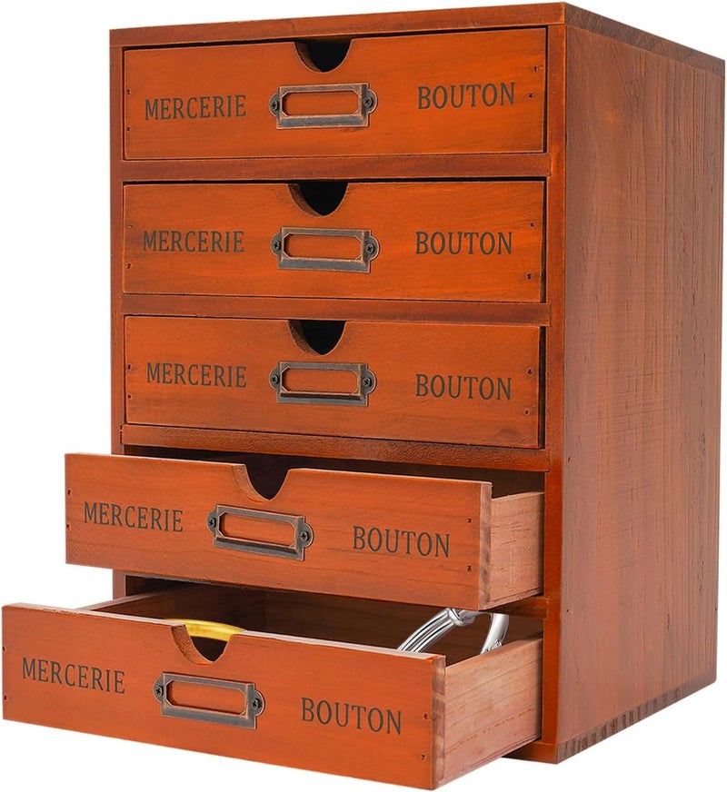 Vintage 5-Drawer Wooden Desk Organizer - Apothecary Cabinet with Label Slots, Rustic Countertop Storage Drawers for Office, Craft, Art Supplies, Stackable Library Card Catalog Cabinet - Image 1