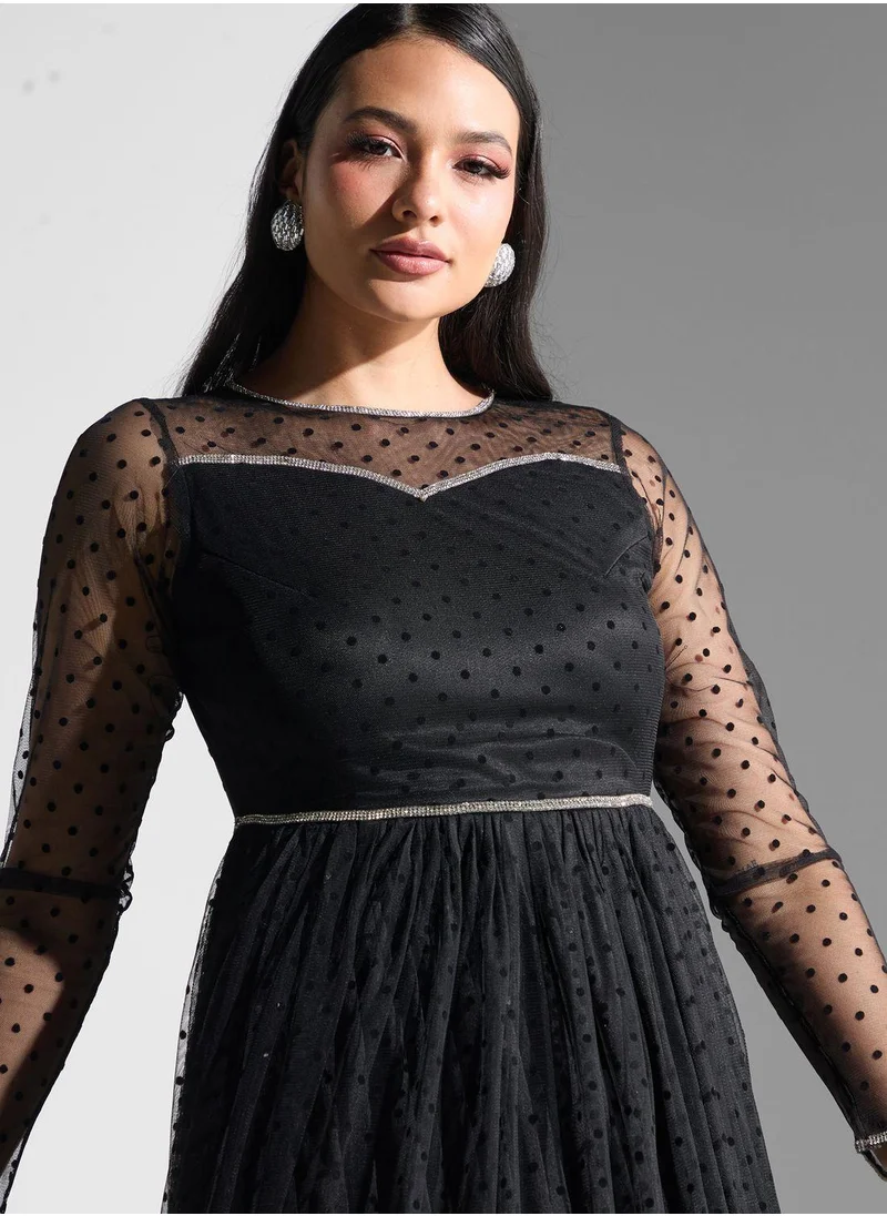 Golden Apple Ruffle Detailed Mesh Dress
