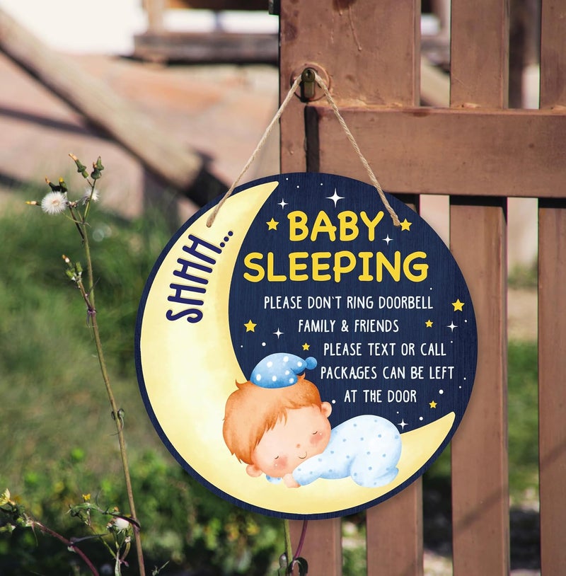 ARS Graphics ARS® Shhh Baby Sleeping Hanging Sign - Moon Wooden Round Door Hanger for Nursery - Image 3