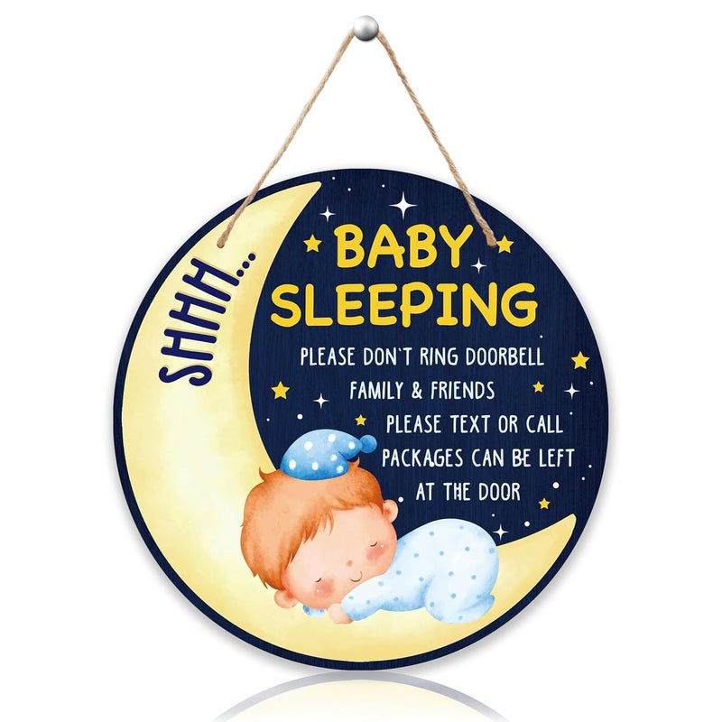 ARS Graphics ARS® Shhh Baby Sleeping Hanging Sign - Moon Wooden Round Door Hanger for Nursery - Image 1