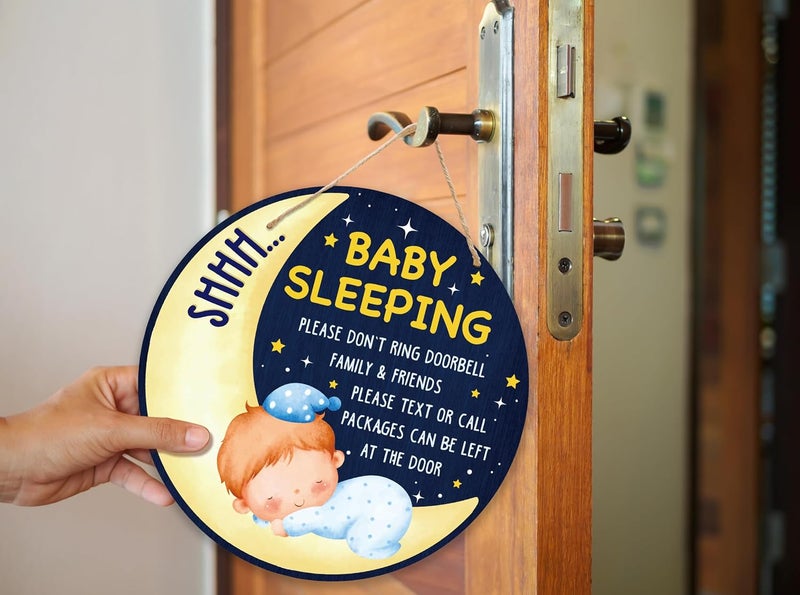 ARS Graphics ARS® Shhh Baby Sleeping Hanging Sign - Moon Wooden Round Door Hanger for Nursery - Image 4