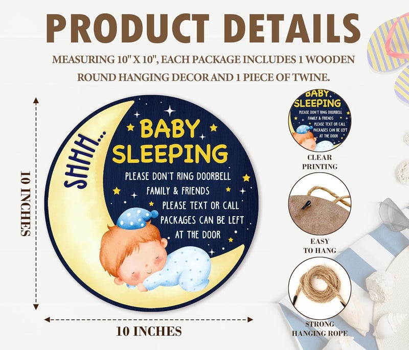 ARS Graphics ARS® Shhh Baby Sleeping Hanging Sign - Moon Wooden Round Door Hanger for Nursery - Image 2