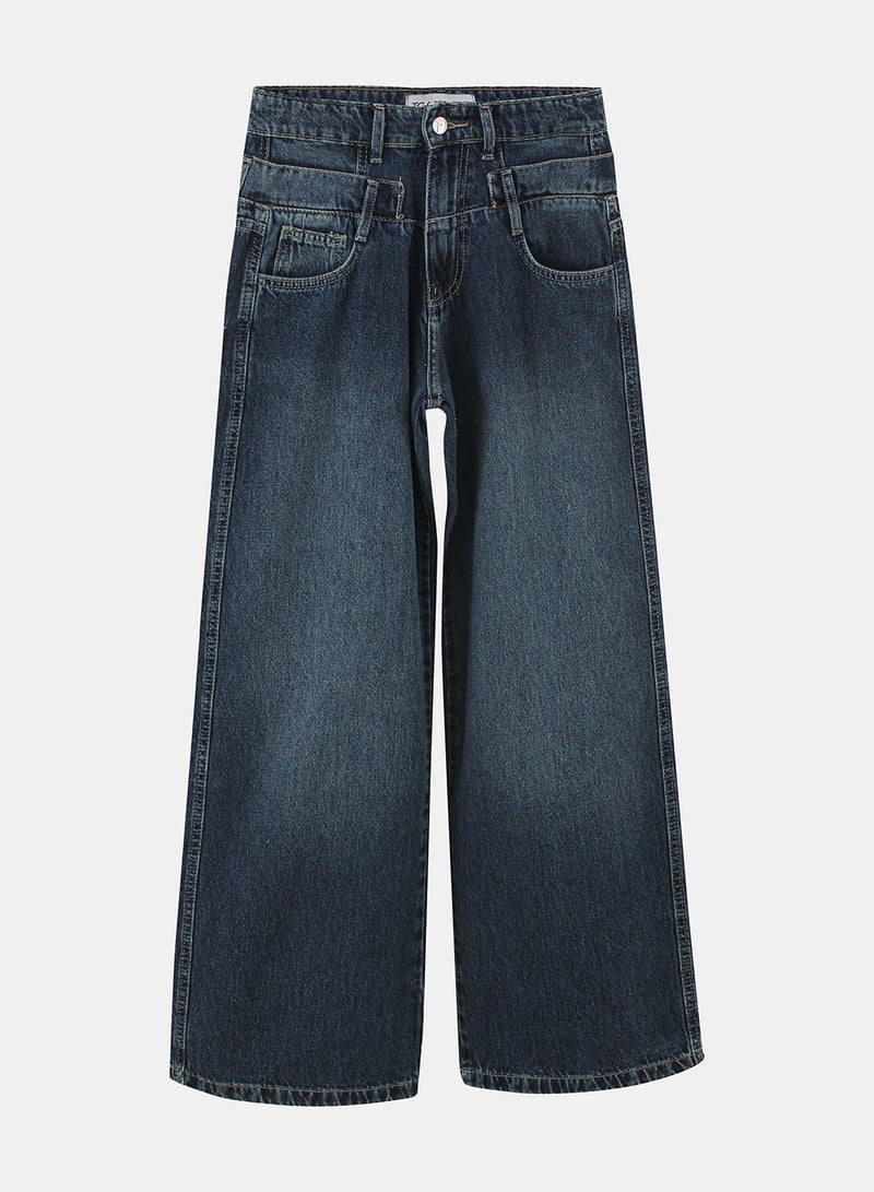 TGS جينز نسائي واسع الساق مزدوج كل شيء باللون الأزرق الداكن - Image 3