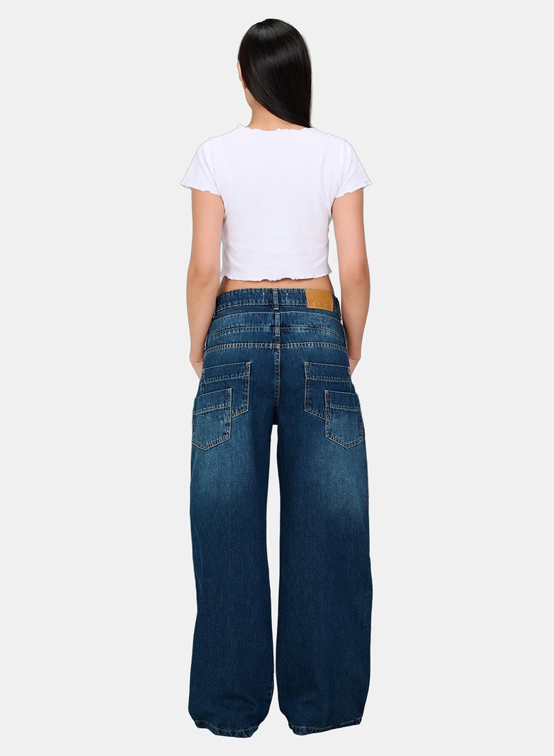 TGS جينز نسائي واسع الساق مزدوج كل شيء باللون الأزرق الداكن - Image 2