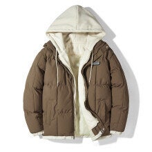 Autumn Winter 2023 New Down Cotton Coat Two-Piece Illusion Hooded Cotton Padded Jacket Trendy Mens Youth Loose Fit Casual Style Black - Image 2
