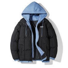 Autumn Winter 2023 New Down Cotton Coat Two-Piece Illusion Hooded Cotton Padded Jacket Trendy Mens Youth Loose Fit Casual Style Black - Image 1