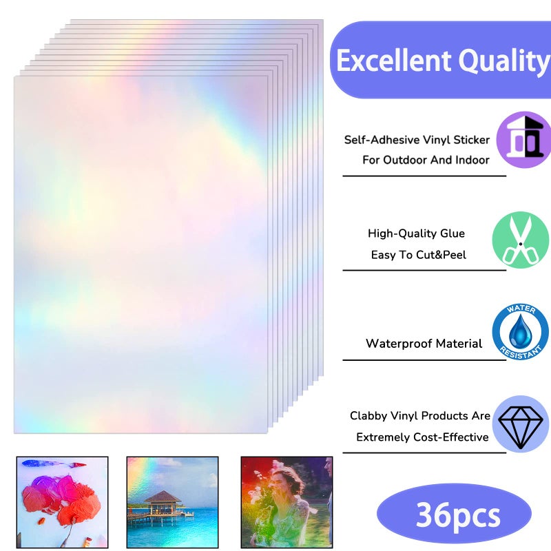 Clabby 36 Sheets Holographic Sticker Paper A4 Vinyl Holographic Laminate Sheets Self Adhesive Waterproof Transparent Film, 11.7 x 8.3 inches(Colorful) - Image 3