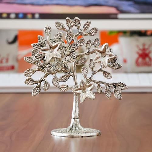 DreamKraft Kalpavriksha Tree Metal Showpiece Silver | Tree of Life Idol for Home Décor | Vastu & Feng Shui Good Luck Gift | Antique Finish Decorative Statue for Living Room, Office – 1 Piece - Image 1