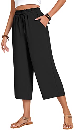 Anyhold Womens Capri Pants Loose High Waisted Wide Leg Lounge Pants Drawstring Casual Palazzo Trousers with Pockets X-Large, Black - Image 1