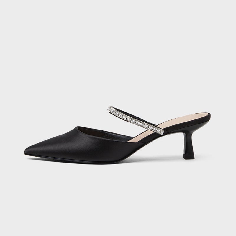 أحذية ألماسية لامعة على الطراز الفرنسي M ü ller مع قبعة أصابع القدم نصف سحب الراينست ، حزام مستقيم ، أحذية باردة ، كعب قطة ، كعب عالي رقيق - Image 1