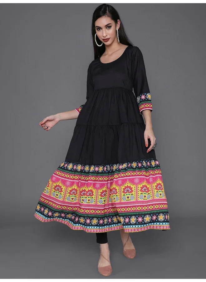 AKS Black & Pink Floral Printed Tiered Anarkali