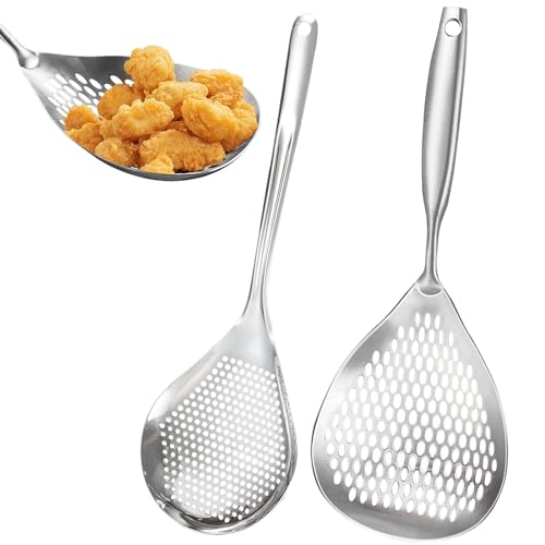 KAYCROWN Skimmer Slotted Spoon, 2 Pack Stainless Steel Pasta Spider Strainer Ladle for Frying and Cooking, Frying Strainer Spoon, Kitchen Cooking Skimmer Colander - Image 1