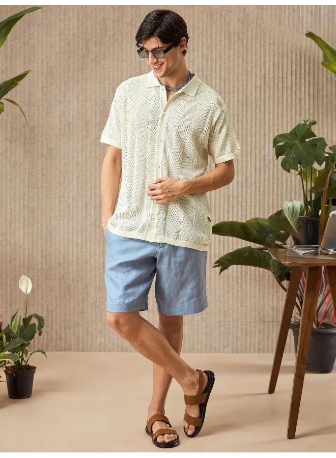 بيونغ قميص رجالي محبوك بنصف كم كريمي