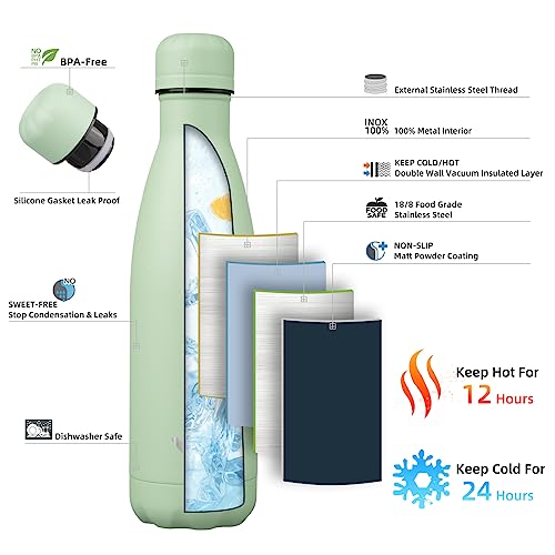 Konokyo Insulated Water Bottles,17 oz Double Wall Stainless Steel Vacumm Metal Flask for Sports Travel,Macaron Green - Image 2