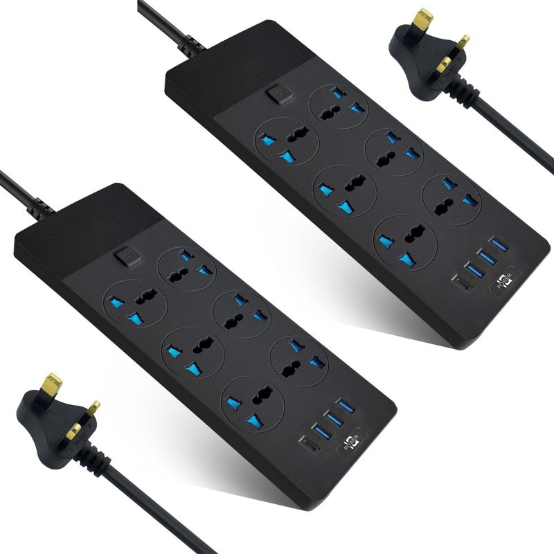 MANGO Power Strips Extension Cord 2pcs UK Plug Universal Plug Adapter with 6 Outlets 3 USB  1 TypeC Ports Surge Protector Charging Socket with 2M Bold Extension Cord Black
