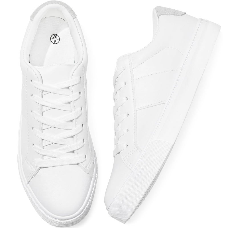 Adokoo Women's Fashion Sneakers PU Leather Casual Shoes White Tennis Low Top Shoes Womens Lace Up Sneakers(White,US5.5) - Image 1