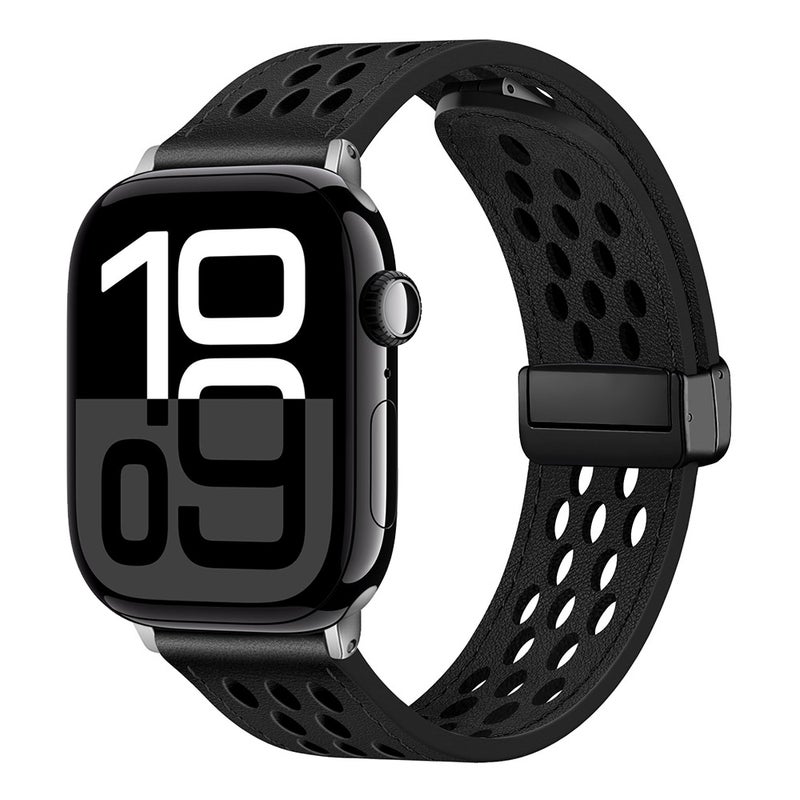 erorex For Apple Watch Series 10 42Mm Hole Style Folding Buckle Pu Leather Watch Band(Black) - Image 1