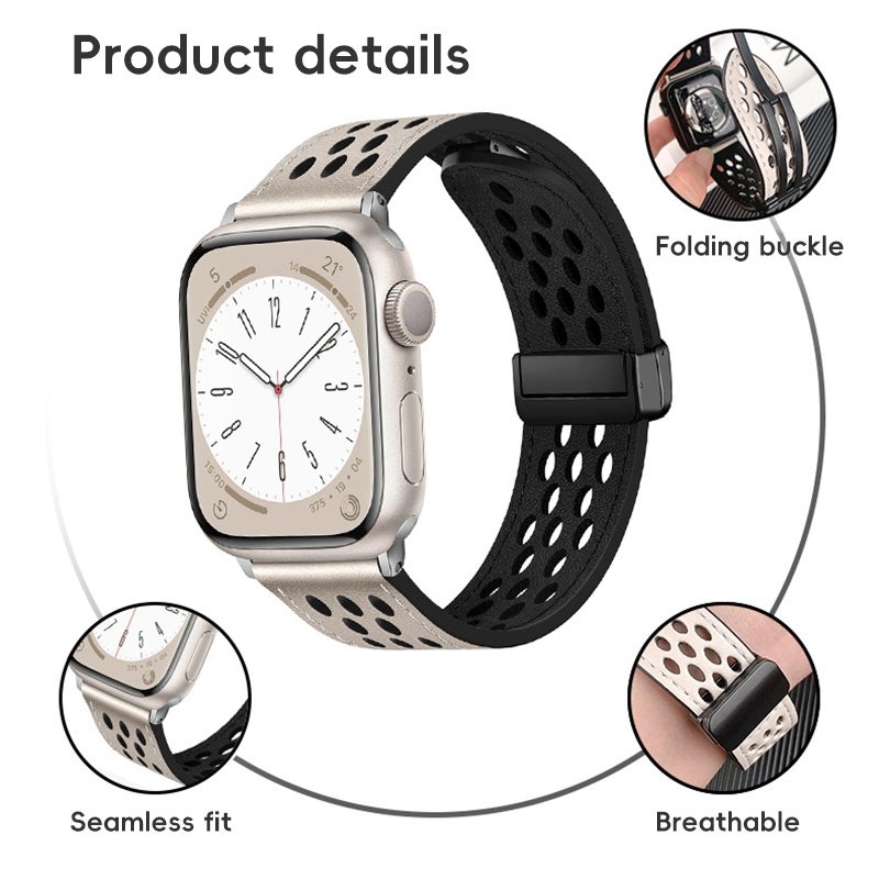 erorex For Apple Watch Series 10 42Mm Hole Style Folding Buckle Pu Leather Watch Band(Black) - Image 5