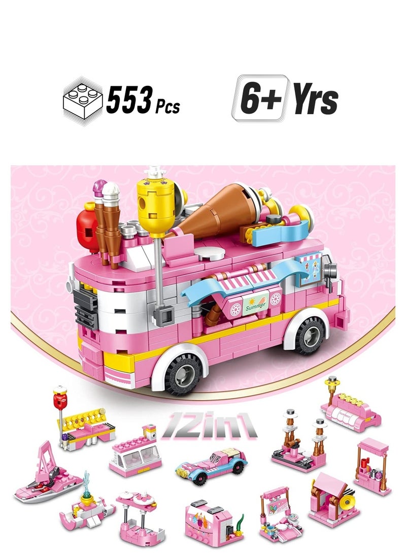 Building Toys for Girls, 12 in 1 Ice Cream Truck Building Blocks Construction Vehicles Kit, STEM Learning Building Bricks Set, Birthday Gifts for Kids Children Girls Age 6 12 553 Pieces - Image 1