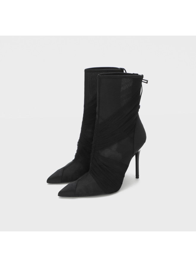 Zara Women's European & American Style Elegant Breathable Mesh Pleated Stacked Pointed Toe Fashion Boots High Heel Boots - Image 2