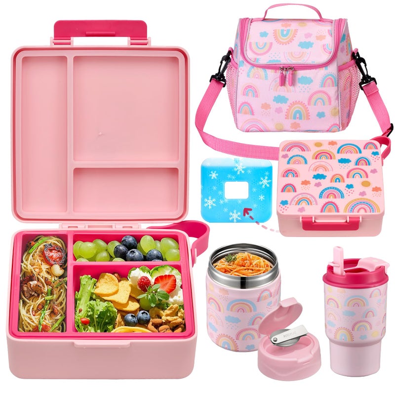 Howeemo Bento Lunch Box for Kids with 17oz Soup Thermo,Insulated Tumbler Water Bottle and Insulated Lunch Bag,Leak-Proof 3 Compartment Lunch Food Container with Ice Pack for Kids to School-Rainbow - Image 1