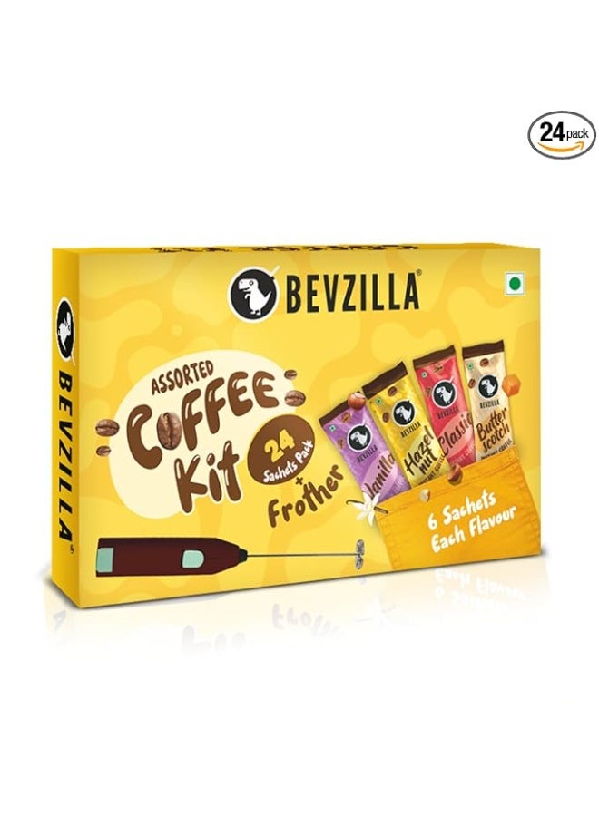 Bevzilla 24 Coffee Sachets & Frother (24 X 2 Gram Sachets) | 6 Pouches Each Flavour | Café Coffee Kit | Classic, Hazelnut, Vanilla & Butterscotch | Arabica Beans | Enjoy Hot & Cold - Image 1