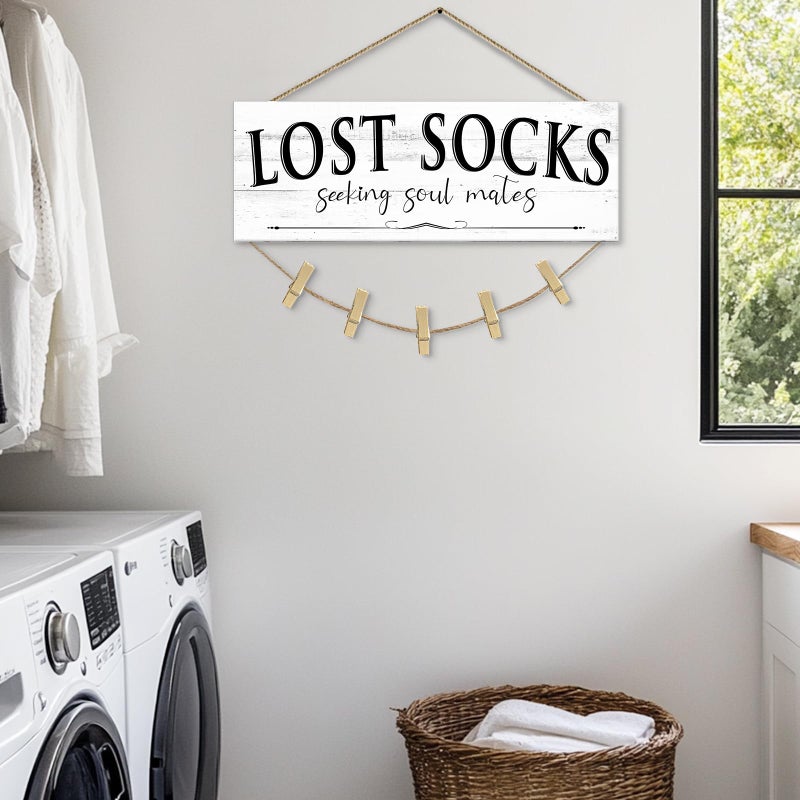 1 KINGO Laundry Room Signs Wall Decor: Lost Socks Sign - Seeking Soul Mates Quotes Funny Laundry Signs Rustic Farmhouse Laundry Room Door Sign Canvas Prints Wall Plaques Hanging Decor 6" x 14.5" - Image 3