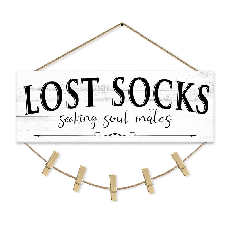 1 KINGO Laundry Room Signs Wall Decor: Lost Socks Sign - Seeking Soul Mates Quotes Funny Laundry Signs Rustic Farmhouse Laundry Room Door Sign Canvas Prints Wall Plaques Hanging Decor 6" x 14.5" - Image 1