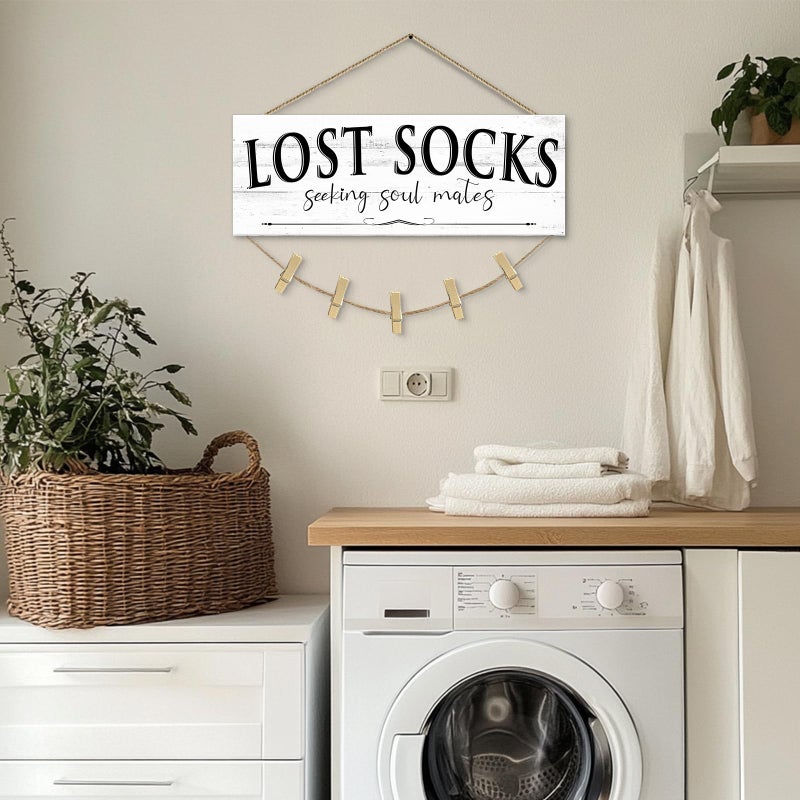 1 KINGO Laundry Room Signs Wall Decor: Lost Socks Sign - Seeking Soul Mates Quotes Funny Laundry Signs Rustic Farmhouse Laundry Room Door Sign Canvas Prints Wall Plaques Hanging Decor 6" x 14.5" - Image 2