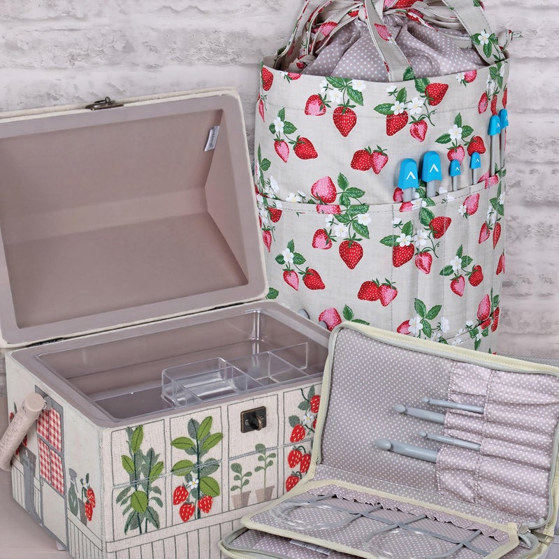 Hobby Gift صندوق خياطة هدية هواية دفيئة الفراولة سلة تخزين حرفية مع مقبض وصينية ملحقات داخلية للخياطة والحياكة ولوازم الهوايات - Image 5
