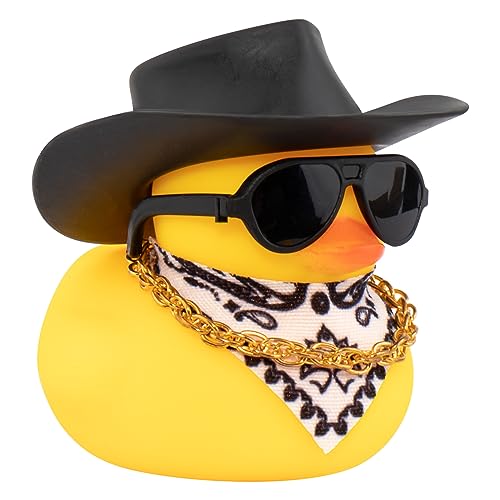 wonuu Car Rubber Duck, Yellow Duck Decoration Dashboard with Sun Hat Necklace Sunglasses for Car Dashboard Decorations, C-Duck-Black Cowboy Hat-Scarf - Image 1