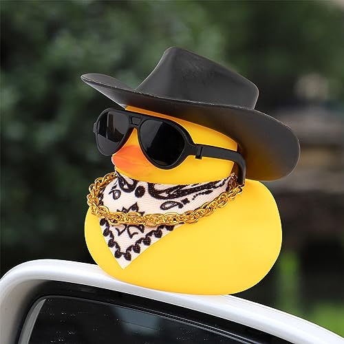 wonuu Car Rubber Duck, Yellow Duck Decoration Dashboard with Sun Hat Necklace Sunglasses for Car Dashboard Decorations, C-Duck-Black Cowboy Hat-Scarf - Image 2