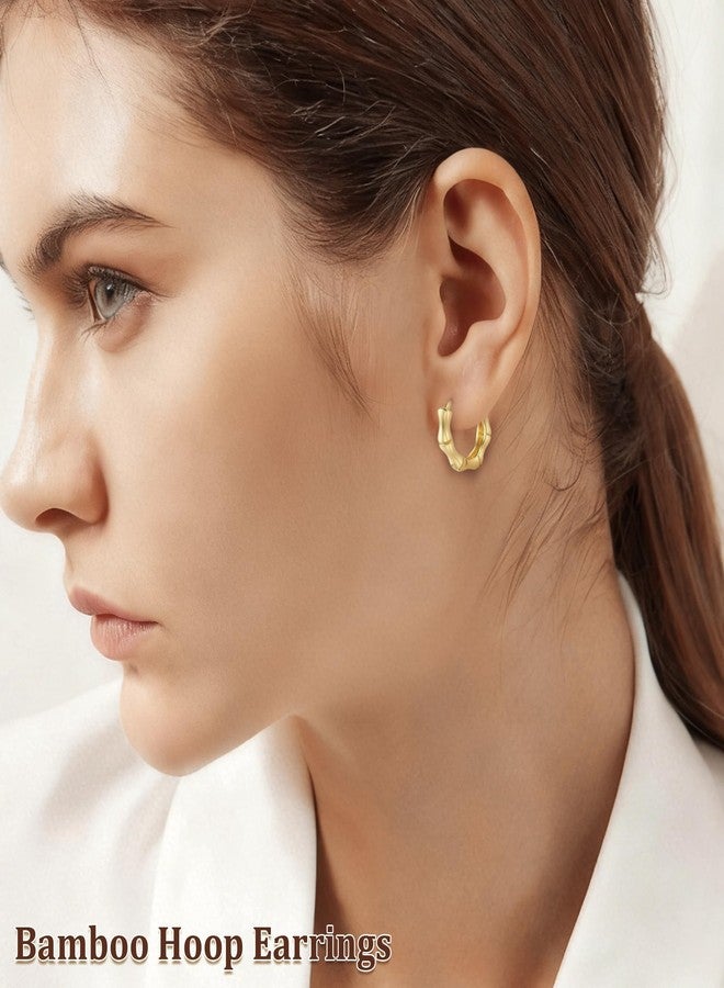 HANRESHE Bamboo Hoop Earrings For Women 90s 14K Gold Plated Small Bamboo Earrings Hollow Casting Huggy Bamboos Hoops Copper Mini Bamboos Earrings Gold Fashion Punk HipHop Jewelry Gift - Image 2