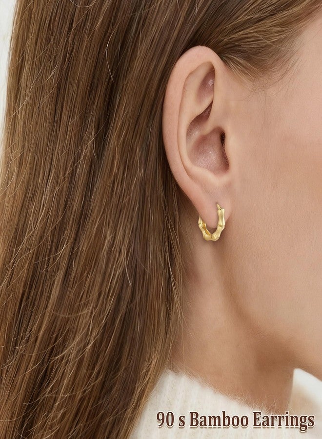 HANRESHE Bamboo Hoop Earrings For Women 90s 14K Gold Plated Small Bamboo Earrings Hollow Casting Huggy Bamboos Hoops Copper Mini Bamboos Earrings Gold Fashion Punk HipHop Jewelry Gift - Image 3