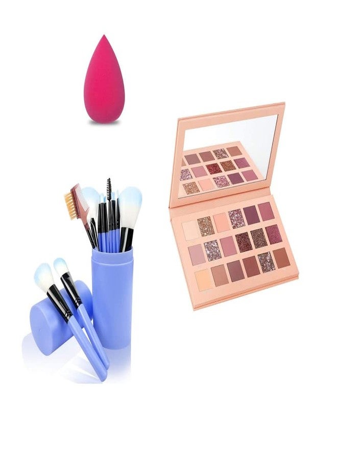 Glowhouse 12 Pcs sky blue makeup brush set,1 Beauty blender,18 color nude eyeshadow palette (set of 3) - Image 2
