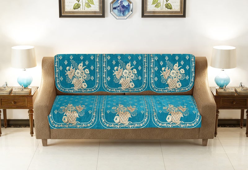 Dazzling DECOR 5 Seater Sofa Cover with Arm Covers & Cushion Covers 3+2 | Full Coverage Stretchable Slipcover | Anti-Dust Anti-Slip Couch Protector | Washable Sofa Cover Set (Aqua Blue) - Image 2