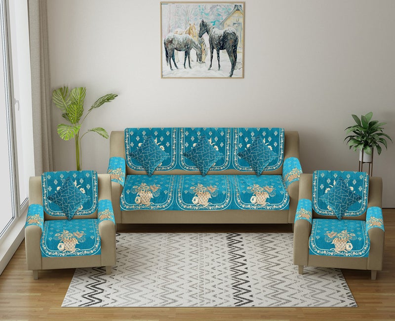 Dazzling DECOR 5 Seater Sofa Cover with Arm Covers & Cushion Covers 3+2 | Full Coverage Stretchable Slipcover | Anti-Dust Anti-Slip Couch Protector | Washable Sofa Cover Set (Aqua Blue) - Image 1