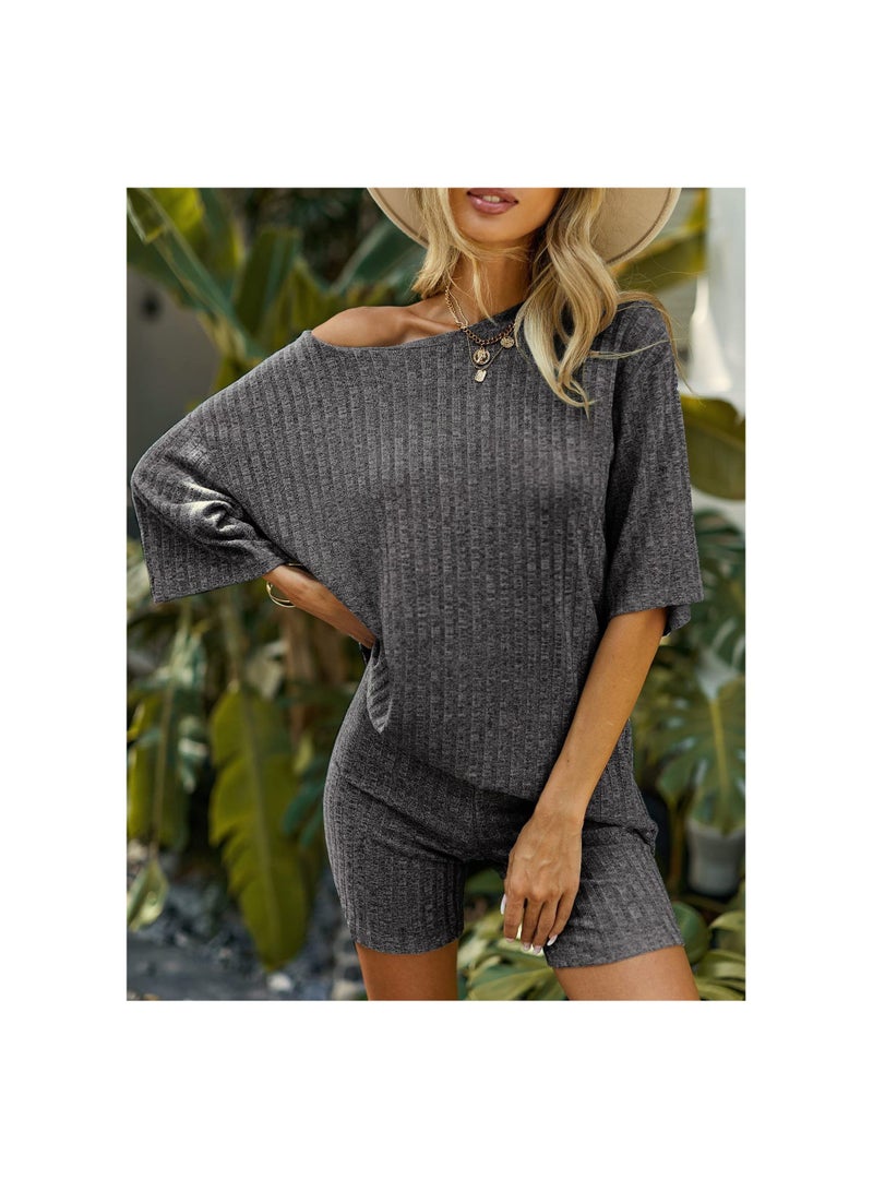 Pajamas 2 Piece Lounge Sets Ribbed Knit Matching Outfits T-shirt Biker Shorts Sleepwear Sweatsuits(Regular&Plus)  - Image 2