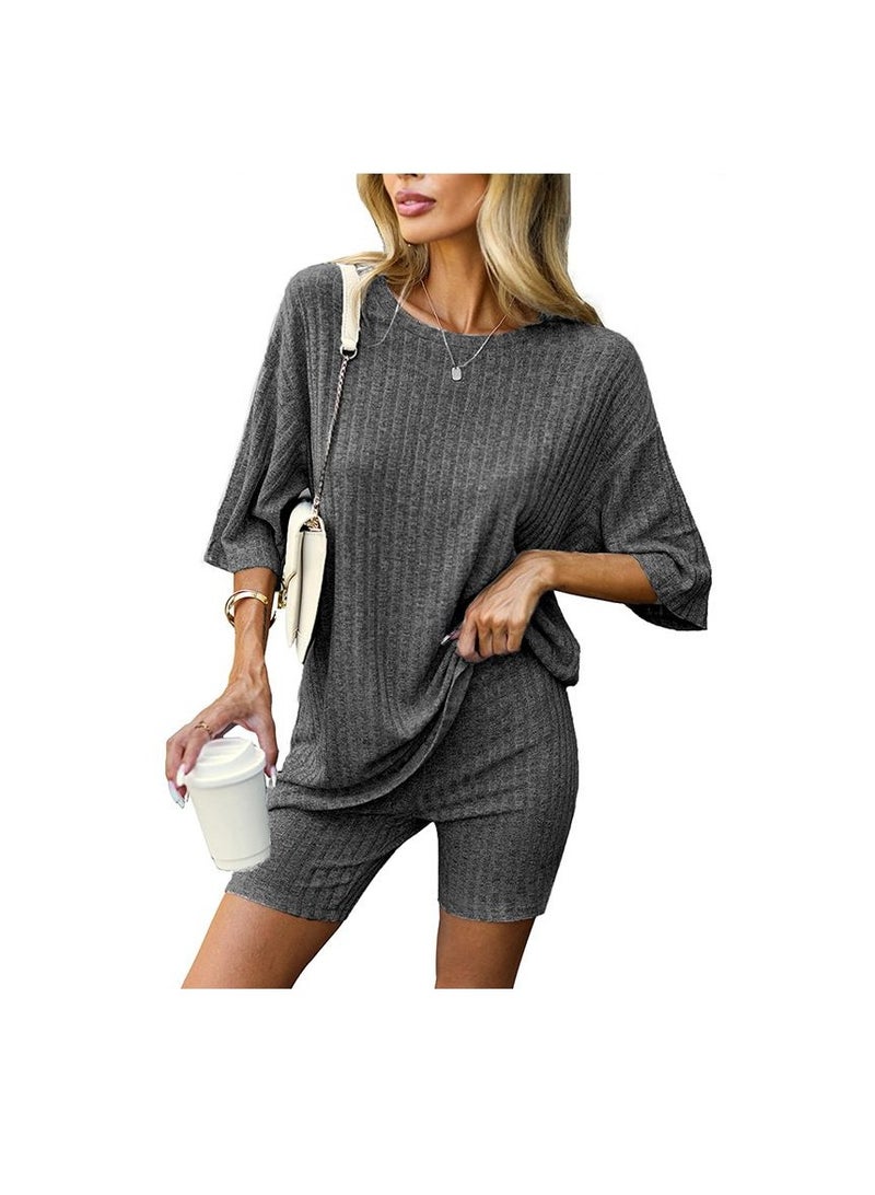 Pajamas 2 Piece Lounge Sets Ribbed Knit Matching Outfits T-shirt Biker Shorts Sleepwear Sweatsuits(Regular&Plus)  - Image 1