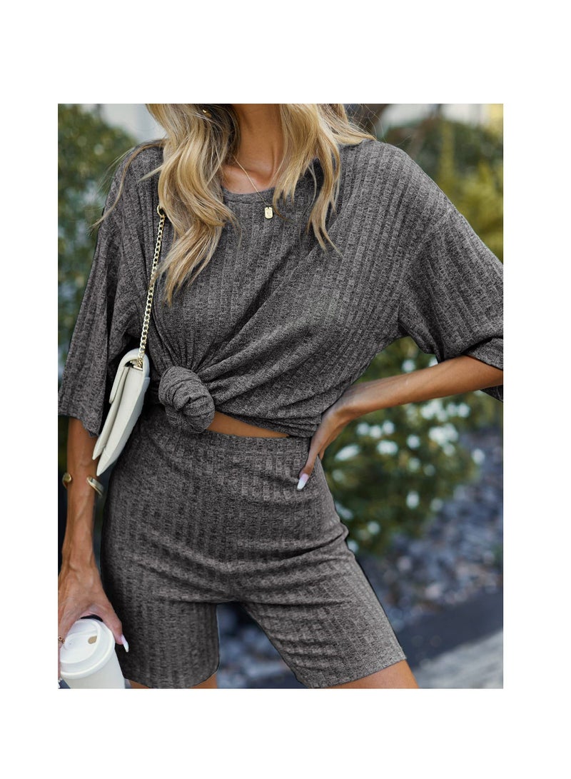 Pajamas 2 Piece Lounge Sets Ribbed Knit Matching Outfits T-shirt Biker Shorts Sleepwear Sweatsuits(Regular&Plus)  - Image 3