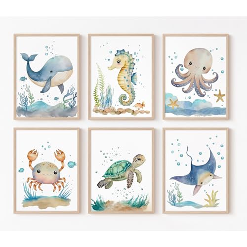 Joocrise Nursery Sea Animal Wall Decor Set of 6 Ocean Watercolor Canvas Wall Art Baby Boys Room Wall Art Ocean Sea Animal Pictures Kids Girl Art Prints Nursery Artwork for Bedroom 8x10 Inch Unframed - Image 1