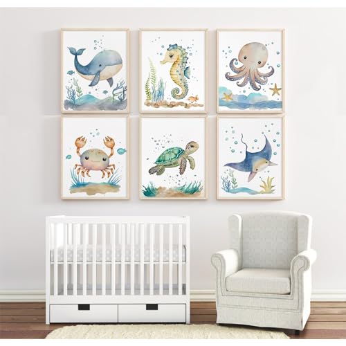 Joocrise Nursery Sea Animal Wall Decor Set of 6 Ocean Watercolor Canvas Wall Art Baby Boys Room Wall Art Ocean Sea Animal Pictures Kids Girl Art Prints Nursery Artwork for Bedroom 8x10 Inch Unframed - Image 5