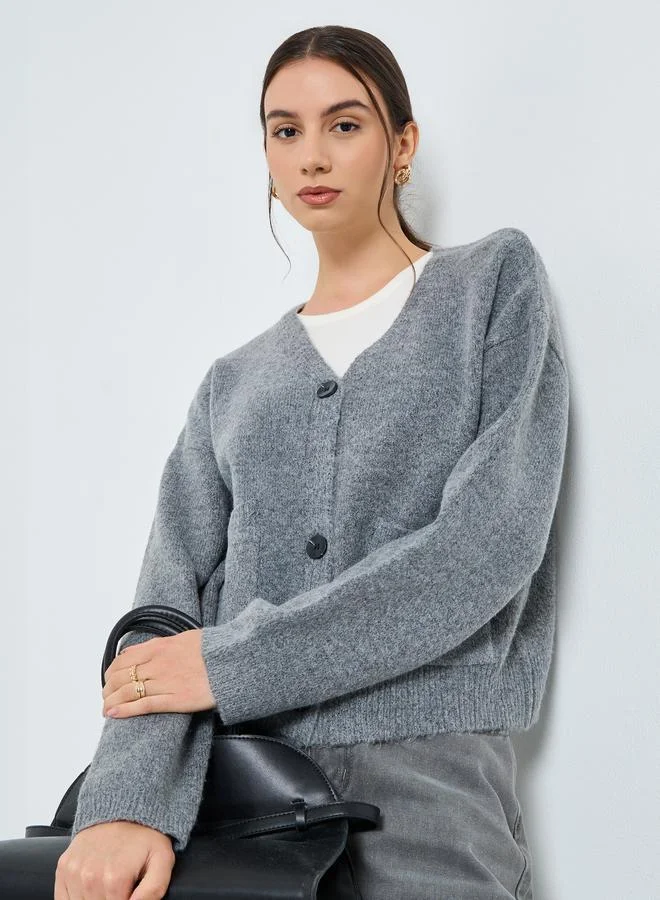 Take Two Grey Short Length Cardigan with Buttons