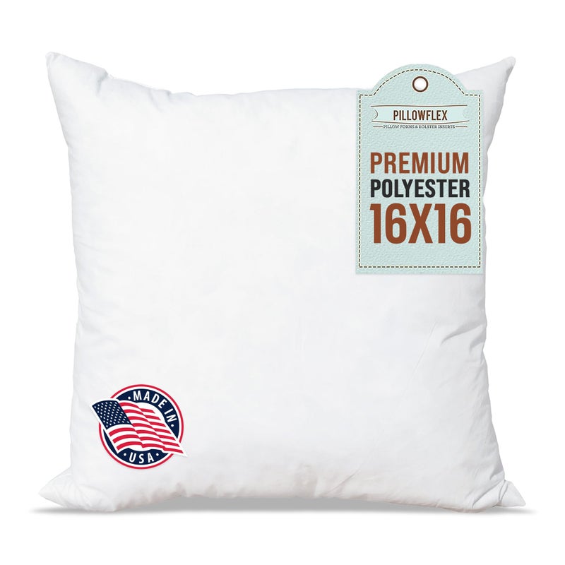 PILLOWFLEX Pillowflex Premium Polyester Throw Pillow Insert  16x16  Ultra Soft Small Square Throw Pillow Couch Sham Lumbar Back Sofa  Machine Washable  Decorative Accent Form  1 Soft Pillow 