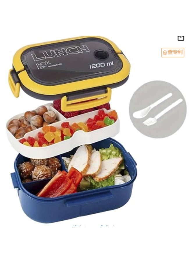 Lullaxx Lunch Box Bento Lunch Boxes For Adults,Kids Lunch Box With,Spoon And Fork,Double-Layer Design,Leak-Proof And Microwave Safe,Suitable For Schools,Offices,And Picnics,(1200Ml,Blue) - Image 1