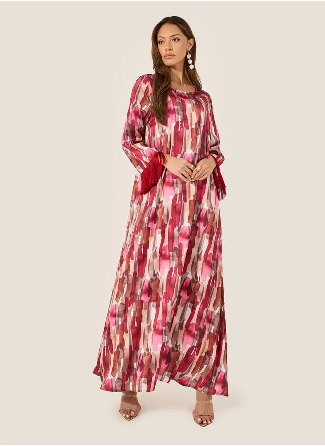 Styli Abstract Print Jalabiya with Tassel Trim