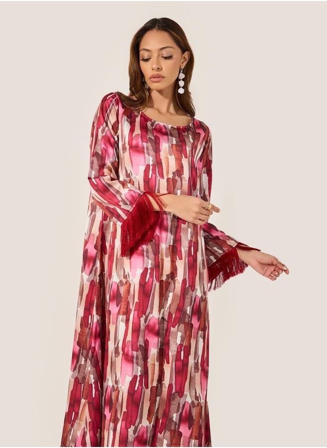 Styli - Abstract Print Jalabiya with Tassel Trim - Image 1