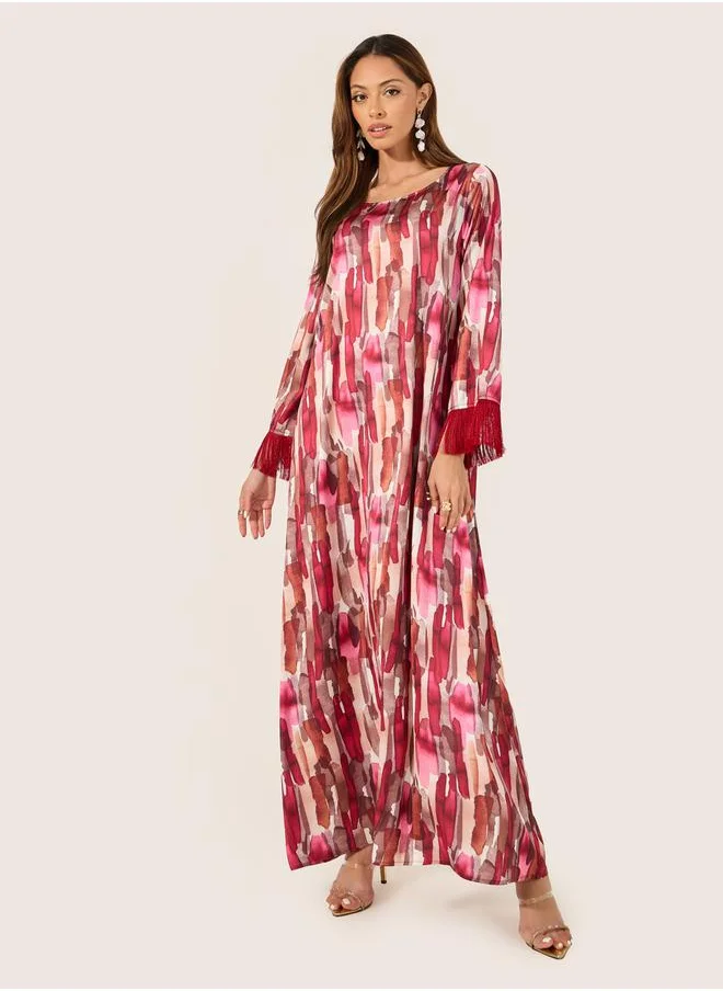 Styli Abstract Print Jalabiya with Tassel Trim