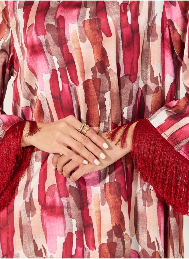 Styli - Abstract Print Jalabiya with Tassel Trim - Image 1